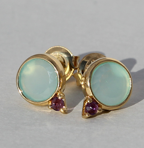 Silberohrstecker Vergoldet Mit Aqua Chalcedon Und Amethyst Krona