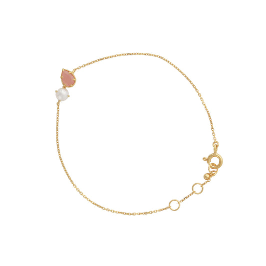 Silberarmband 18ct goldplattiert mit 4x6mm Rosenquarz & 4mm Perle, 16+3cm