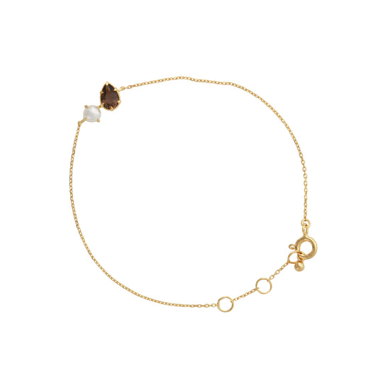 Silberarmband 18ct goldplattiert mit 4x6mm Rauchquarz & 4mm Perle, 16+3cm