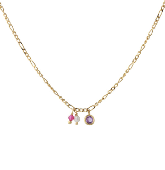 Silbercollier 18ct vergoldet mit Amethyst, Perle und synth. Rubin, Kette 40+5 cm