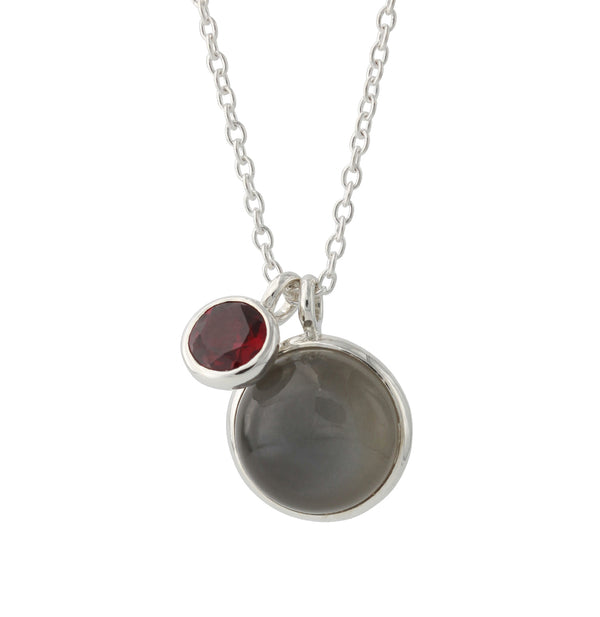 Silbercollier mit 12mm Mondstein grau & 6mm Rhodolith, Kette 40+5 cm