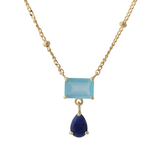 Silbercollier 18ct vergoldet mit 5x7mm Chalcedon & 4x6mm Sodalith, Kette 40+5 cm