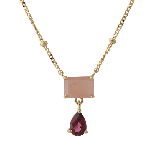 Silbercollier 18ct vergoldet mit 5x7mm Mondstein orange & 4x6mm Rhodolith, Kette 40+5 cm