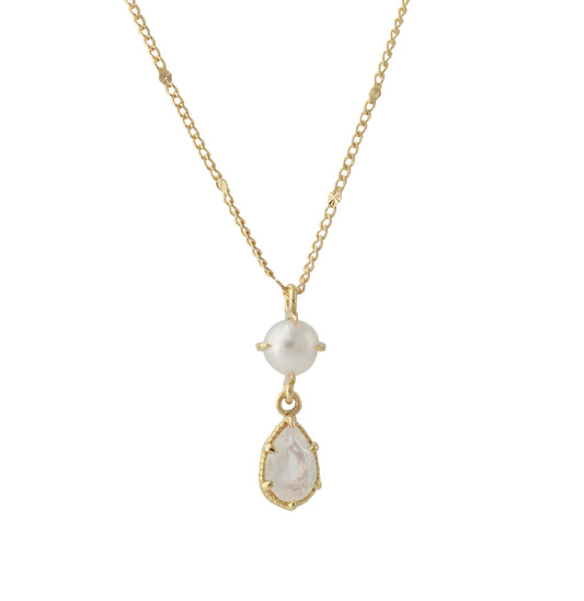 Silbercollier 18ct vergoldet mit 4x6mm Mondstein & 4mm SWZ-Perle, Kette 40+5 cm