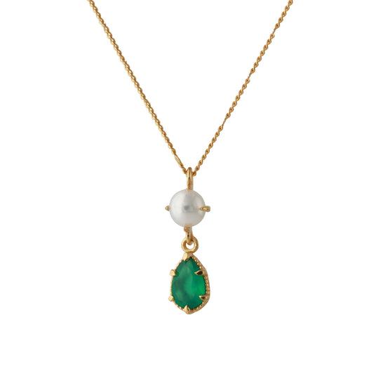 Silbercollier 18ct goldplattiert mit 4x6mm Onyx grün & 4mm SWZ-Perle, Kette 40+5 cm