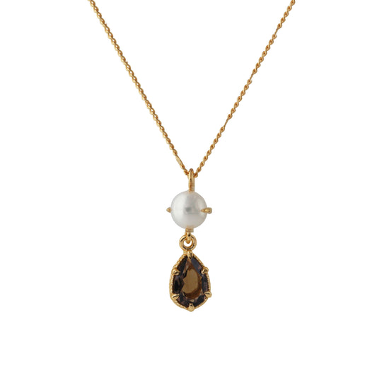 Silbercollier 18ct goldplattiert mit 4x6mm Rauchquarz & 4mm SWZ-Perle, Kette 40+5 cm