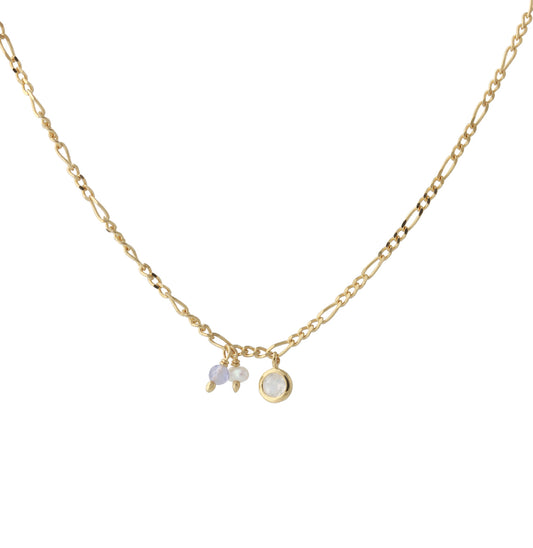 Silbercollier 18ct vergoldet mit Mondstein, Perle und Iolith, Kette 40+5 cm
