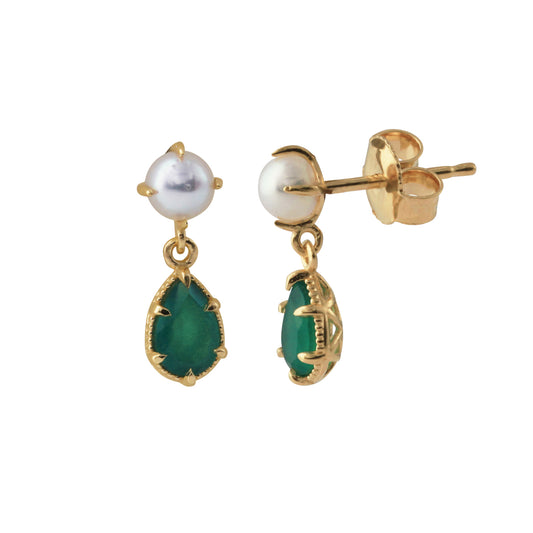 Silberohrstecker, 18ct goldplattiert mit 4x6mm Onyx grün & 4mm SWZ-Perle