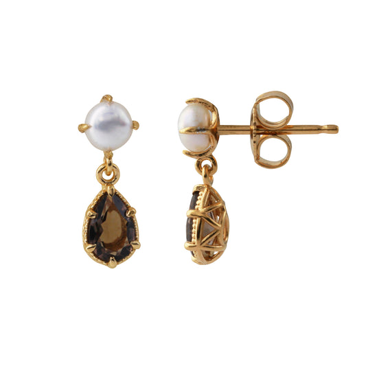 Silberohrstecker, 18ct goldplattiert mit 4x6mm Rauchquarz & 4mm SWZ-Perle
