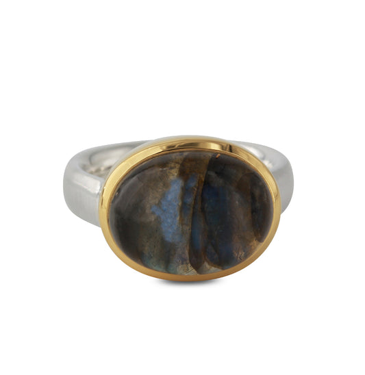 Silberring "Icur" mit 16x12mm Labradorit, 18ct vergoldet