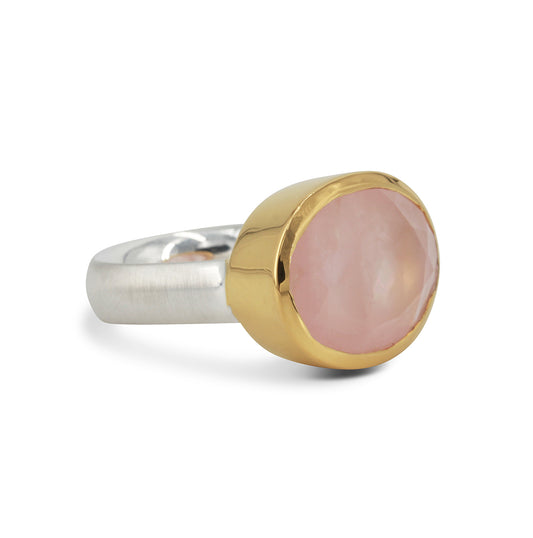 Silberring "Icur" mit 16x12mm Rosenquarz fac., 18ct vergoldet