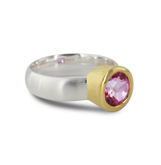 Silberring runde Fassung vergoldet Pink Topas
