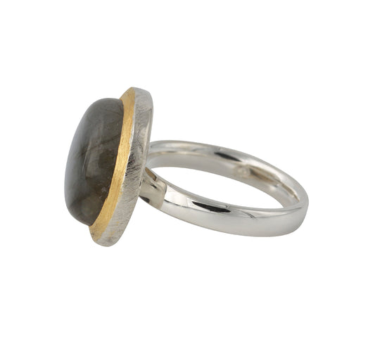 Silberring "Flat round small" teilvergoldet mit Labradorit