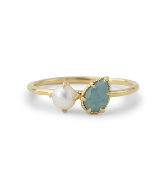 Silberring 18ct vergoldet mit 4x6mm Blauquartz & 4mm SWZ-Perle