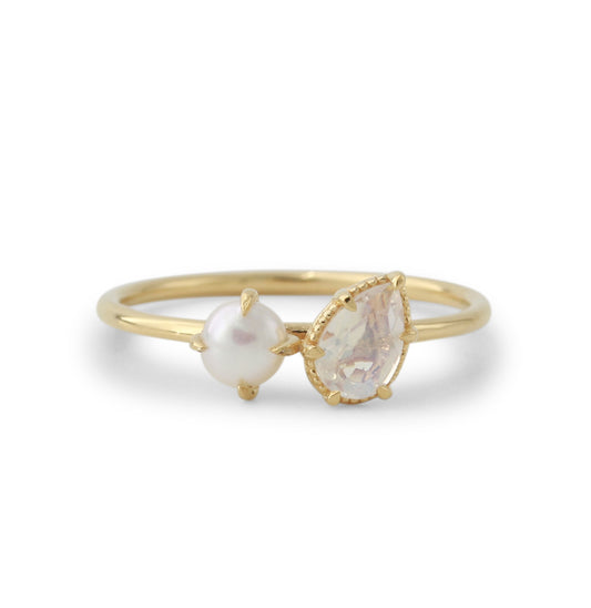 Silberring 18ct vergoldet mit 4x6mm Mondstein & 4mm SWZ-Perle