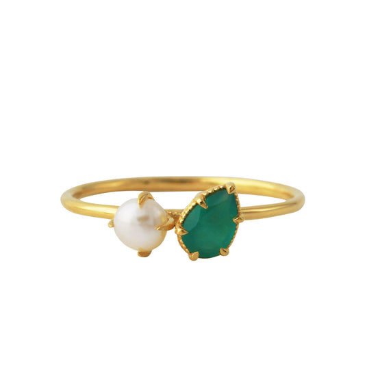 Silberring 18ct goldplattiert mit 4x6mm Onyx grün & 4mm SWZ-Perle