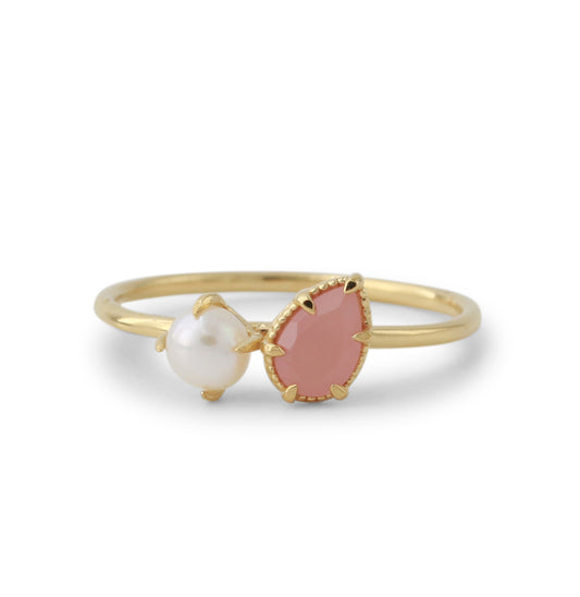 Silberring 18ct vergoldet mit 4x6mm Rosenquartz & 4mm SWZ-Perle