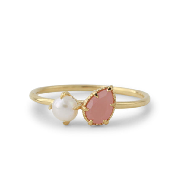 Silberring 18ct vergoldet mit 4x6mm Rosenquartz & 4mm SWZ-Perle