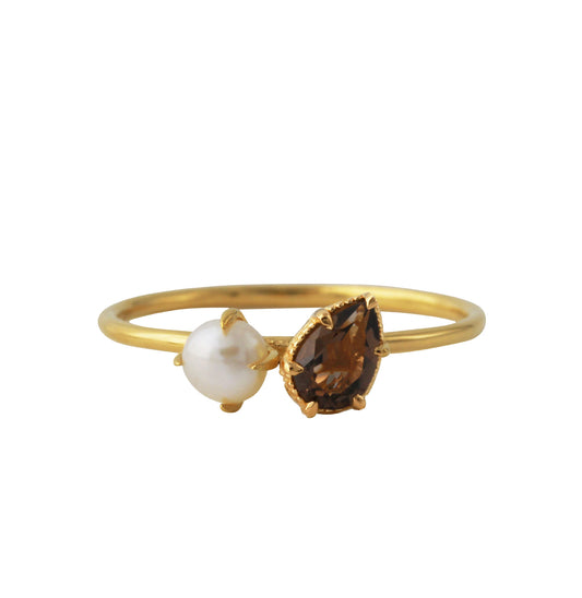 Silberring 18ct goldplattiert mit 4x6mm Rauchquarz & 4mm SWZ-Perle