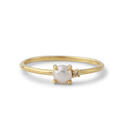 Silberring 18ct vergoldet mit 1,5mm Topas weiß & 4,5mm SWZ-Perle