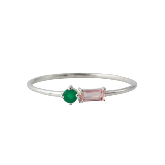 Silberring mit 2x4 mm Rosenquartz & 2,5mm Onyx grün