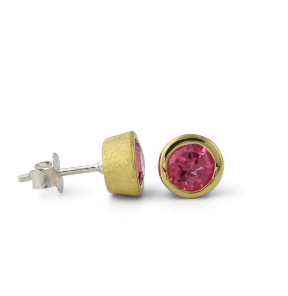 Vergoldeter Silberohrstecker rund pink Topas