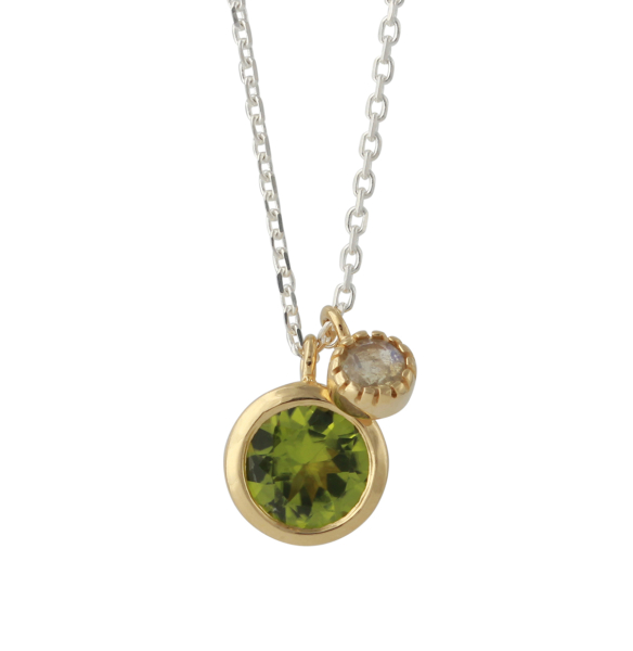 Silbercollier mit 6mm Peridot & 3mm Labradorit, 18ct vergoldet, Kette 40+5 cm